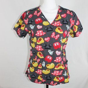 DISNEY Minnie Mouse Scrub Top Woman Size XS Cotton Dark Gray Hearts Pockets Ears